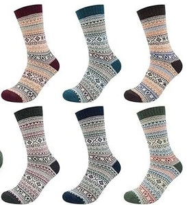 Set of six patterned socks with different colour schemes on a white background